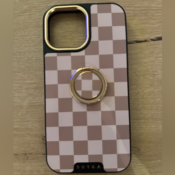 Burga iPhone 13 Pro Max Case (Elite Gold) & Ring Holder -checkered cream pattern - Picture 1 of 12